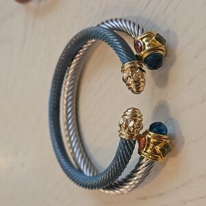 Set - Cuff bracelets Cable Style.  Gold with multiple stones In Blues. Holidays